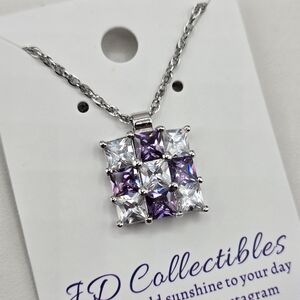 Swarovski Crystal Elements Silver Square Necklace Purple Amethyst 18 - 20 inch